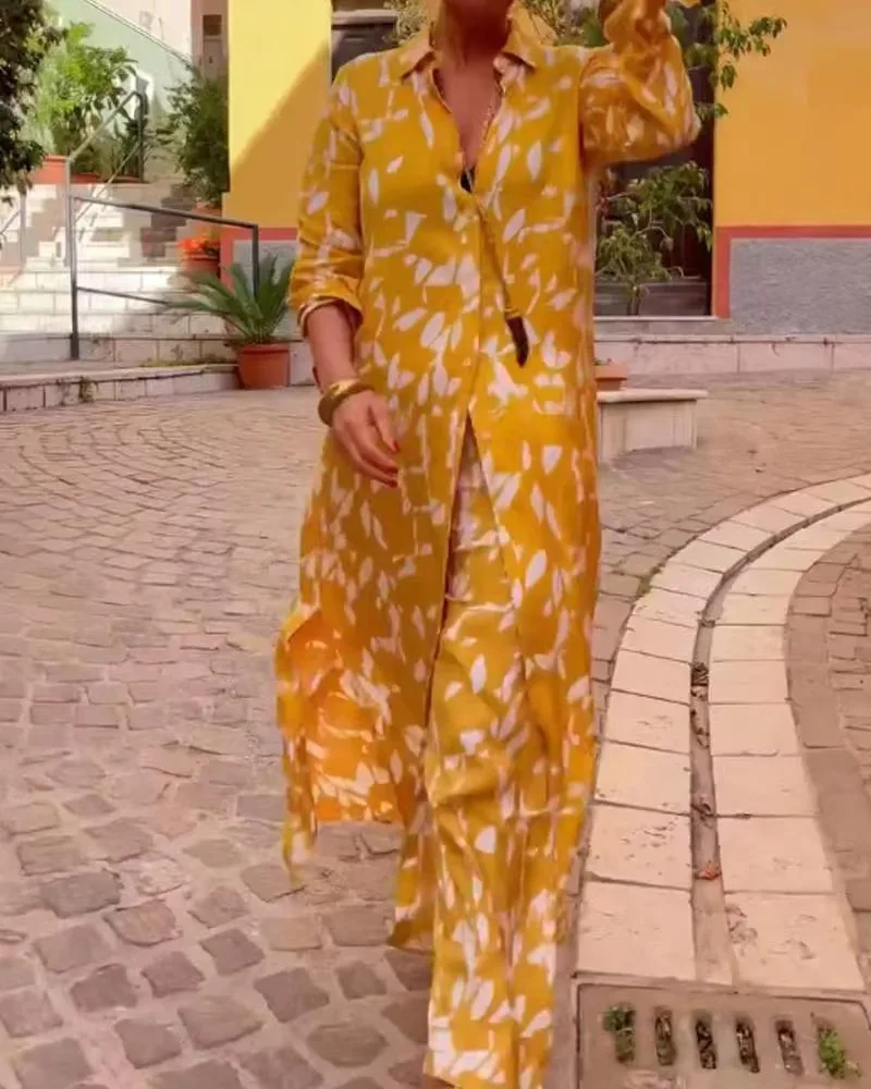 

Брючный костюм женский с принтом, рубашка с длинным рукавом, на пуговицах, прямые штаны с завышенной талией, комплект одежды