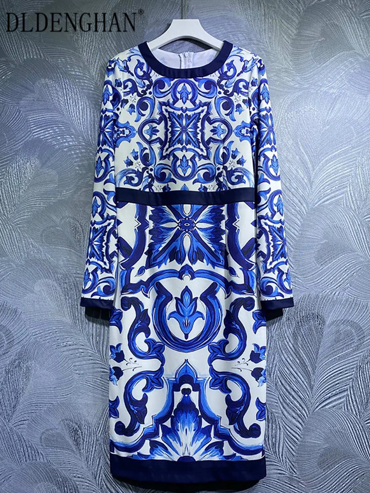 

DLDENGHAN Women Pencil Dtess O-Neck Long Sleeves Blue and White Porcelain Print Package Buttocks Dress Designer Autumn New
