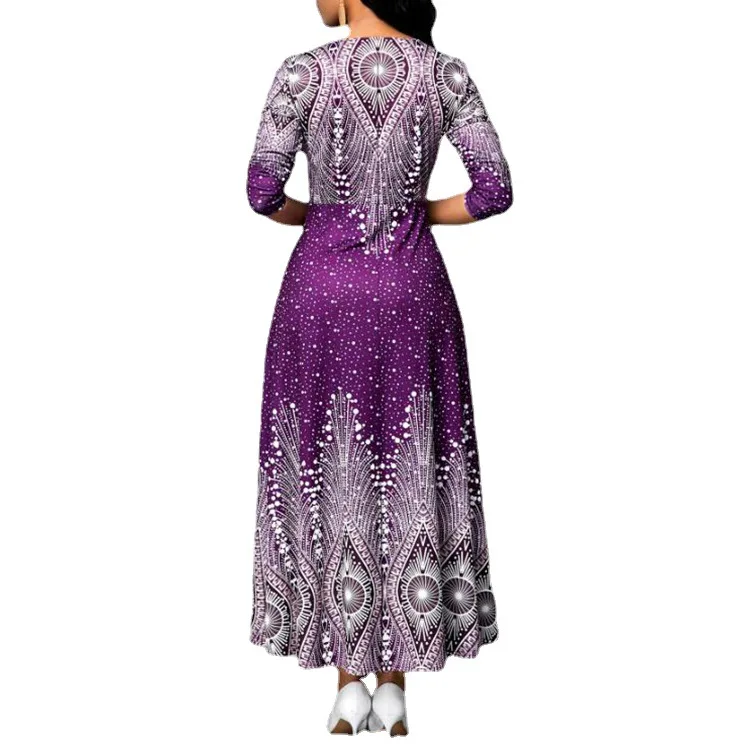 Женское платье-макси с V-образным вырезом длинным рукавом и цифровым принтом