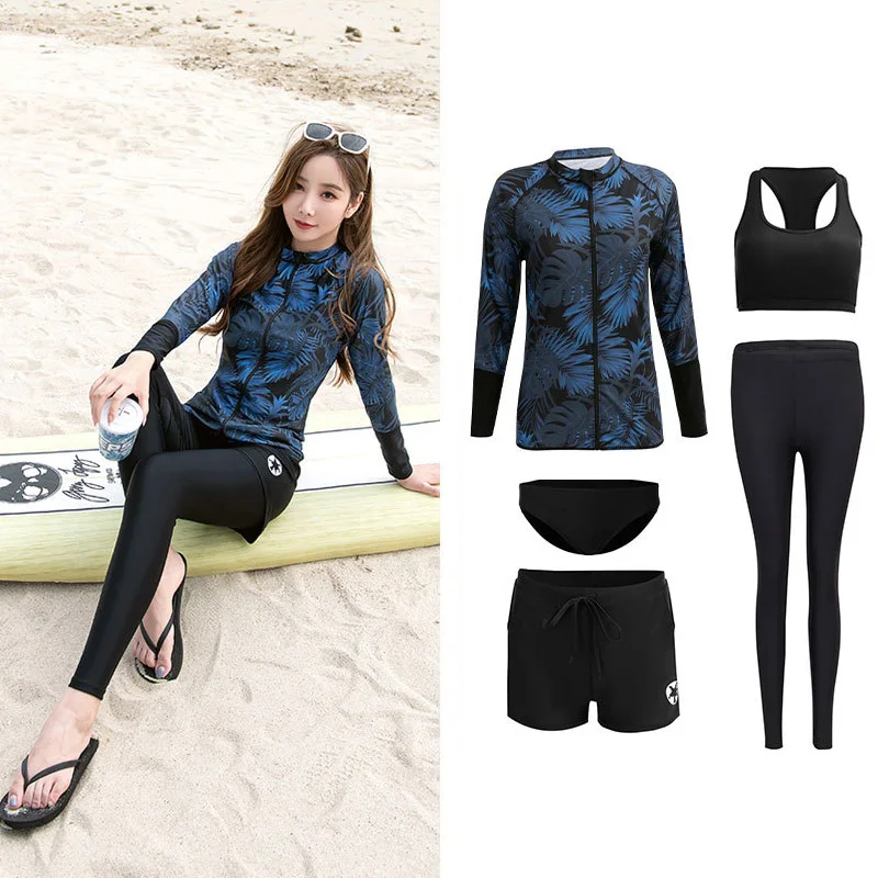 

Women's 5pcs/set Rashguard Swimsuit Zip Shirt and Leggings with Bikini Sun Protection Swimwear Full Cover Bathing Suits