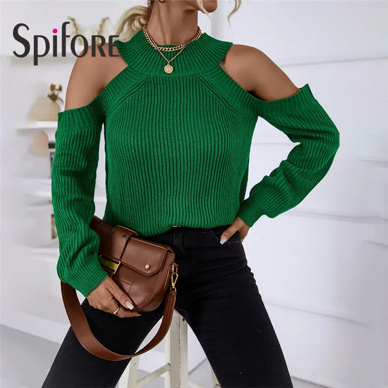 

Spifore Autumn Off Shoulder Sexy Sweater Tops Women Long Sleeve Knitted Casual Pullovers Winter Hollow Out Jumpers Vintage