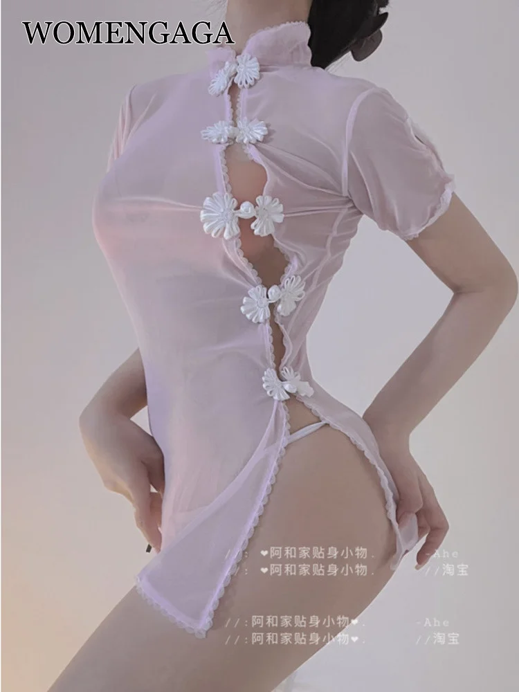 

Pink Cheongsam TVVOVVIN Transparent Lace Mesh Short Mini Dress Hot Sexy Korean Women Tops Maid Uniform Women Japanese Girl 4YOB