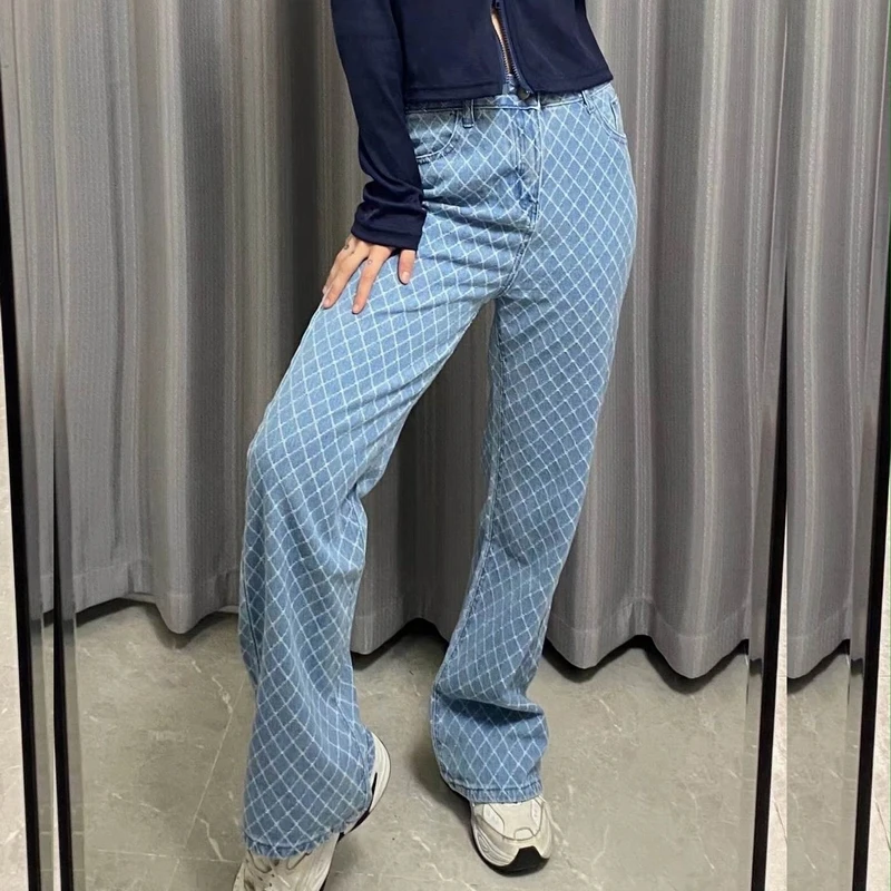 

Women Jeans Spring 2022 New Fashion Full Length Cotton Demin Pant Geometric Pattern Modern Girl Straight Trousers