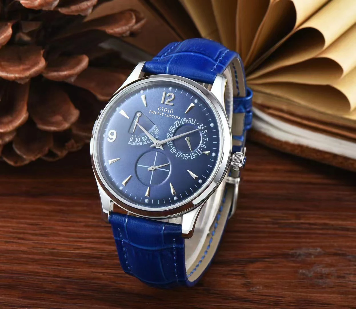 

Luxury Mens Automatic Watch Mechanical Sapphire Dual Time Black Blue Leather Luminous Rose Gold