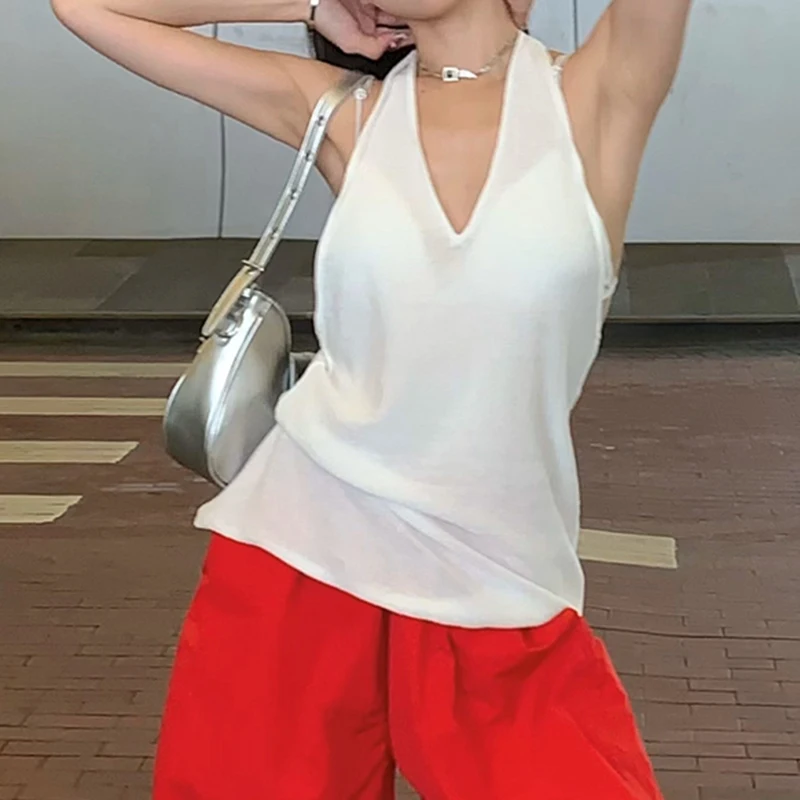 Женская Трикотажная майка с лямкой на шее однотонная Облегающая открытой спиной