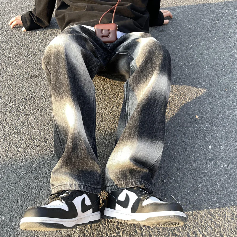 Blue Black Baggy Jeans Men Fashion Tie-dyed Jeans Men Japanese Streetwear Hip-hop Loose Straight Denim Pants Mens Trousers M-2XL