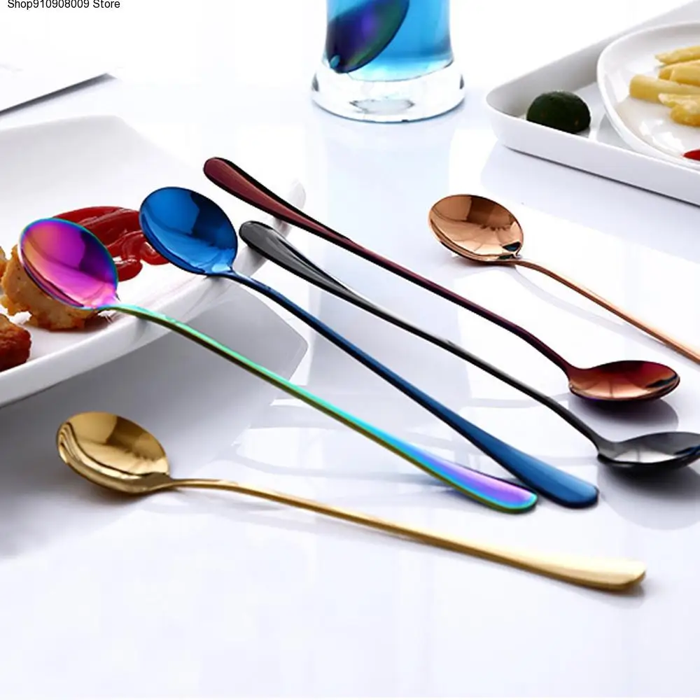 

7 color Colorful Stainless Steel Spoon Long Handle Spoons Flatware Ice Spoon Coffee Tea Spoon Drinking Tools Kitchen Gadget