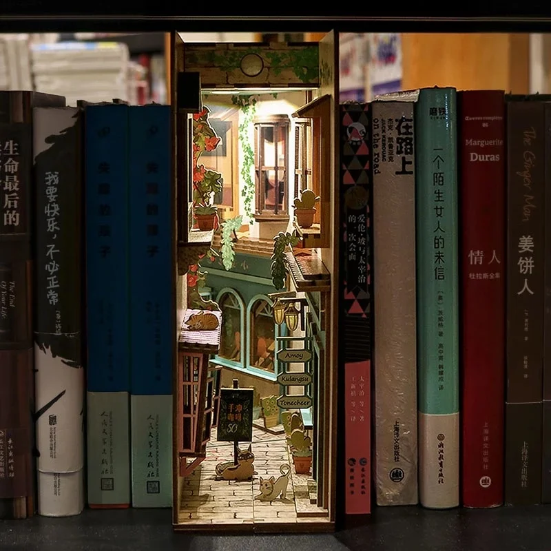 

Book Nook Shelf Wooden Bookshelf Insert Ornaments Dollhouse Retro DIY Model Roombox Building Kit Art Bookends Home Decoration