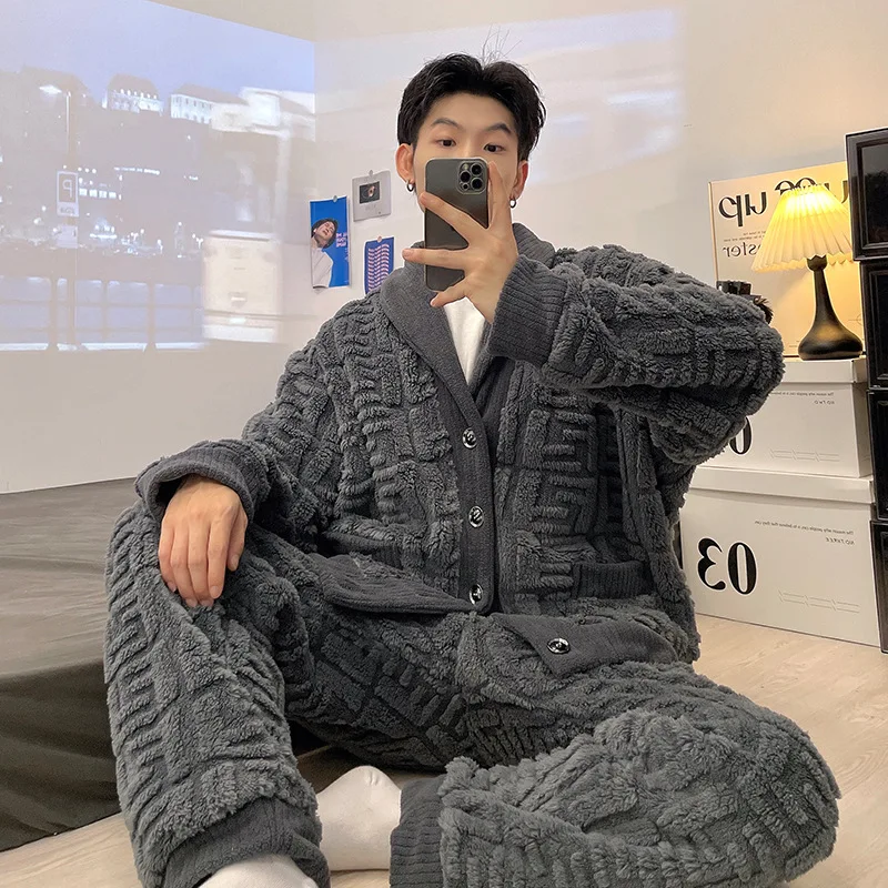 Pajamas Autumn Winter Flannel Warm Sleepwear Men Thicken Home Clothes Lounge Nightgown Leisure Men's Pajama Sets Dressing Gown