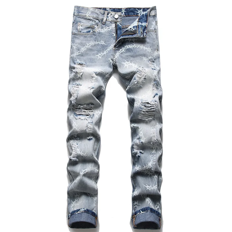 

Summer 2022 New Men's Light Blue Jeans Slim Print Ripped Trousers Zipper Midwaist Hip Hop Beggar Pants Chic Casual Denim Pants