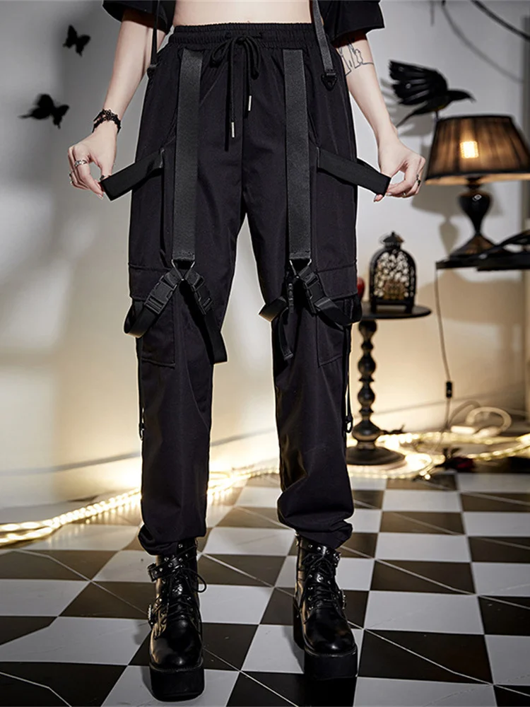 

2023 Dark Harajuku Streetwear Pencil Cargo Pants Techwear Buckle Cyber Gothic Punk Casual Trousers Grunge High Waist Alt Bottoms