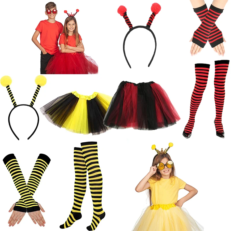 

Kids Adult Family Halloween Bee Costume Kit Ladybug Bopper Antenna Headband Tutu Skirt Striped Leg Warmers Kit Cosplay