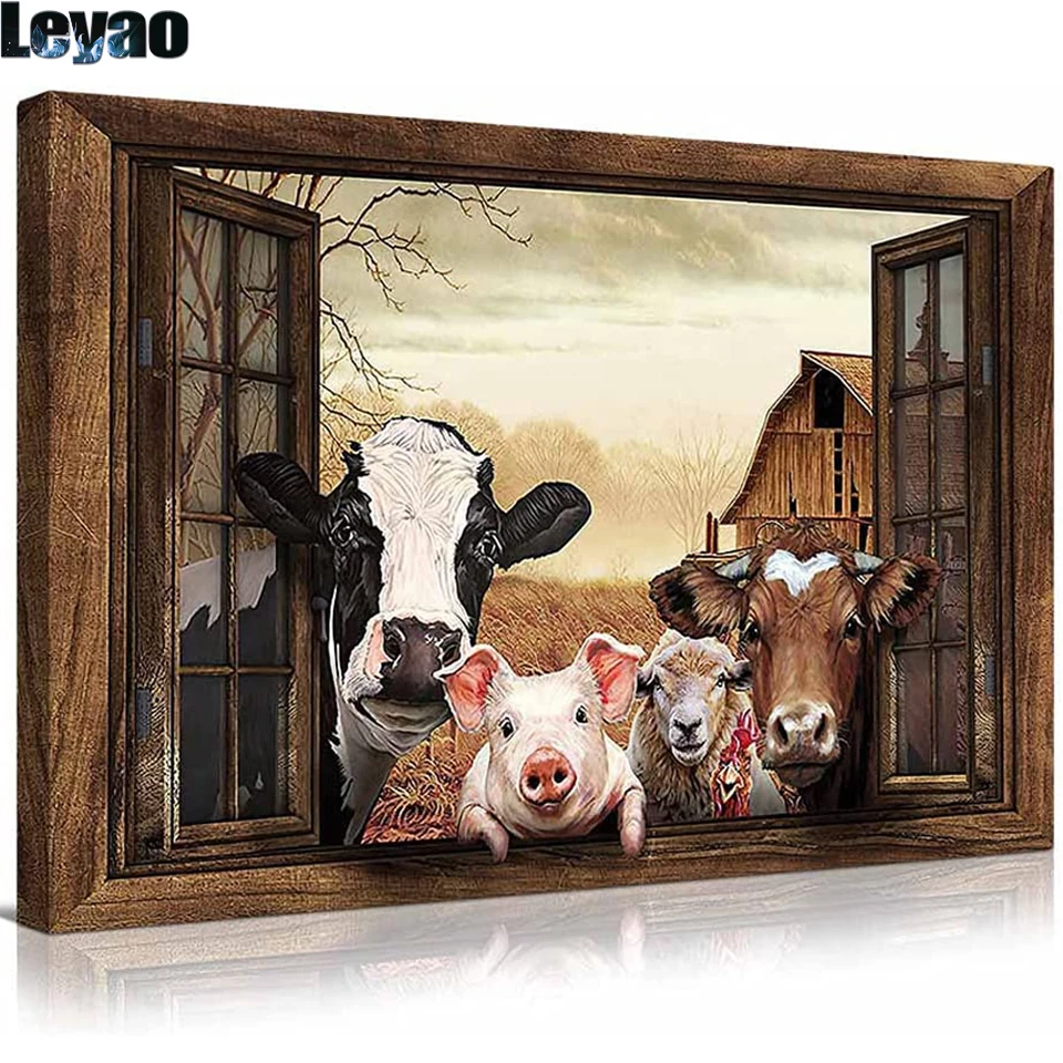 Cow Wall Art Friends in The Window Landscape Cow Diamond Painting Rustic Fun Animal Diamond Mosaic Painting Vintage Home Decor