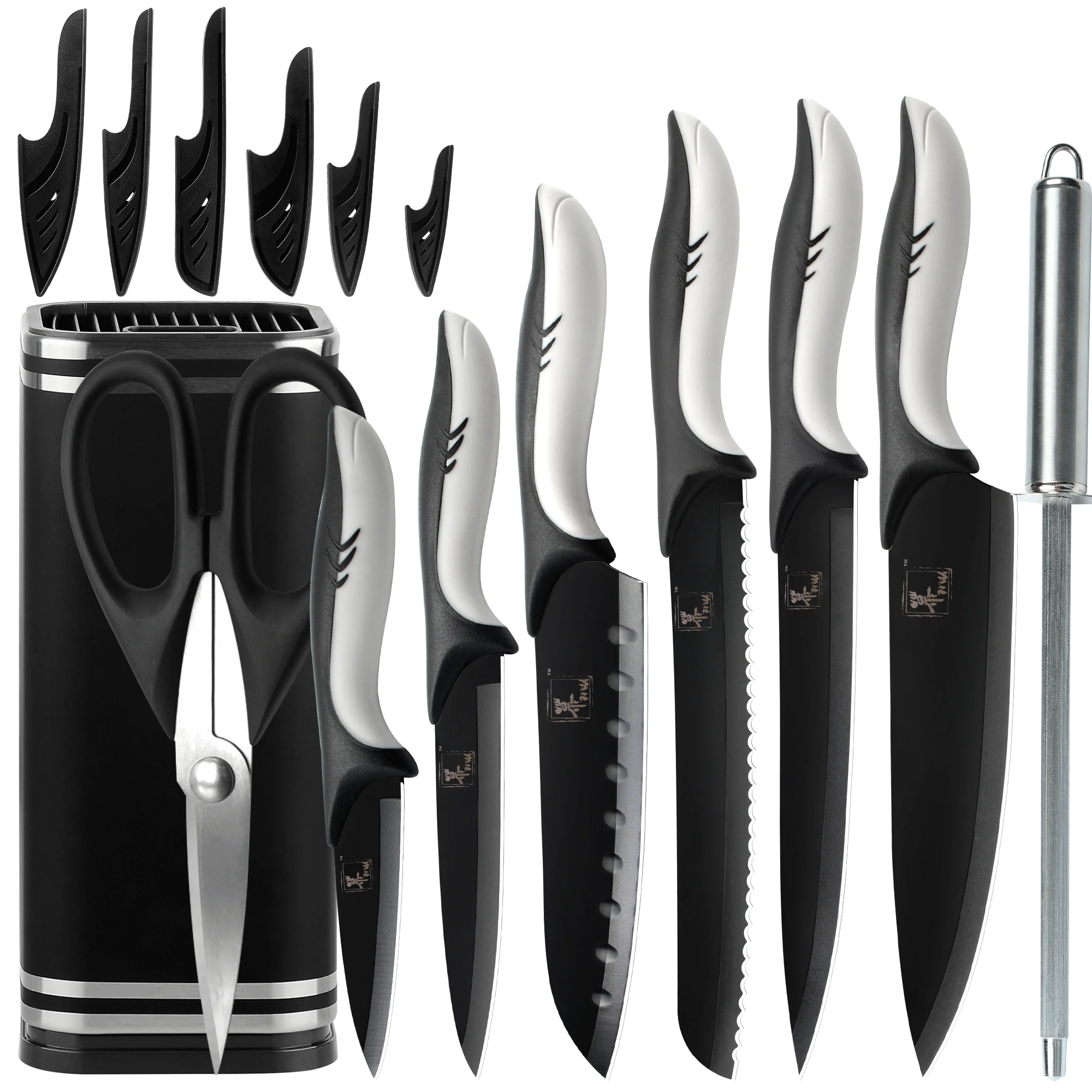 

Sowoll Black Kitchen Knife Set With Holder Scissors Sharpening Bar Knife Protector Covers Gift Knives Kit Stainless Steel Knives