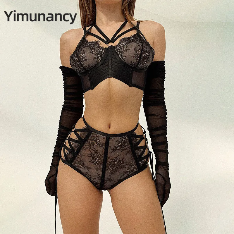 

Yimunancy экзотический кружевной комплект из 2 предметов, женский черный бандажный прозрачный комплект нижнего белья, сексуальный комплект ниж...