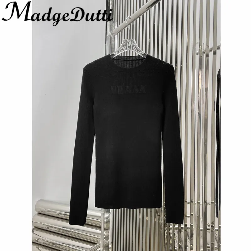 

12.25 MadgeDutti 2023 Early Spring New Letter Jacquard Long Sleeve Stretch Slim Wool Knitwear Top Women