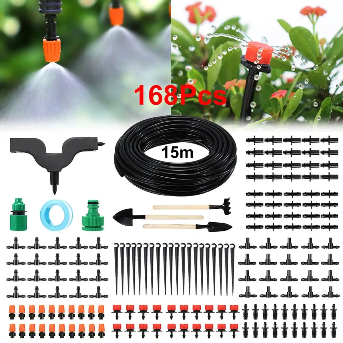 

Шланг для капельного орошения, 15 м, 168 шт., набор для полива растений, регулируемые капельницы на 360 градусов для полива сада