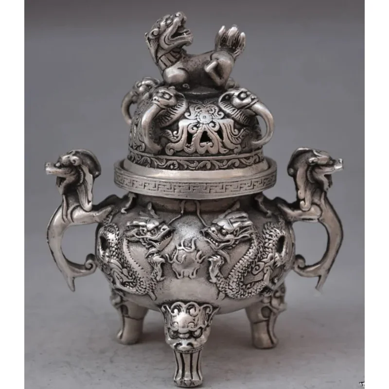 

SUIRONG---607 Chinese buddhist manual old silver copper dragon lion statues incense burner