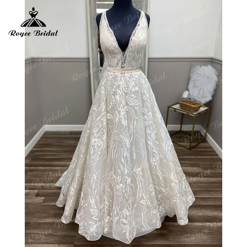 

V Neck Lace Backless Champagne Sleeveless A Line Boho Wedding Dress 2023 Long Bridal Gowns Custom Made vestido de novia Elegant