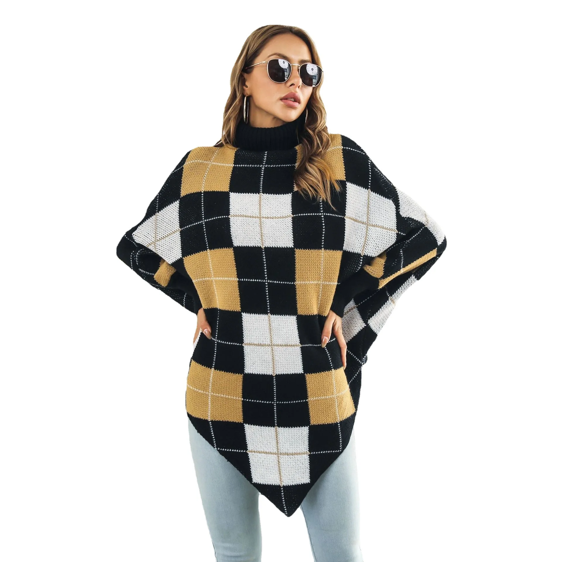 

Plaid Batwing Sleeve Poncho Cloak Sweater Autumn Winter New Cape Women's Color-blocking Knitted Shawl Women Coat