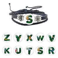 jweijiao punk style alphabets pattern glass dome black leather weave rope bracelet multilayer braided bangle jewelry gift fhw179