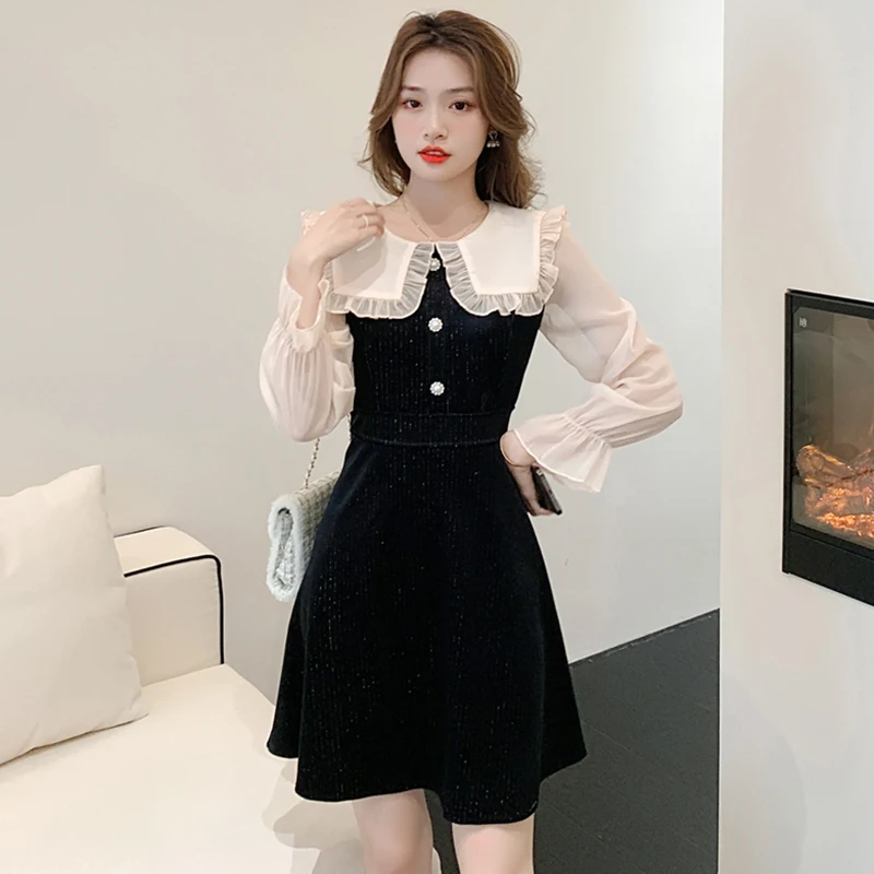 

2022 New Long Sleeve Sexy Club Mini Dress Women Korean Vintage Doll Collar Dress Spring Autumn Elegant Black Hepburn Party Dress