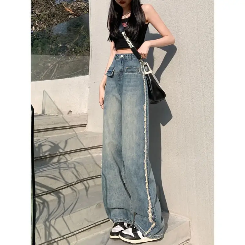 150 см маленькие Ретро американские потертые широкие джинсы с высокой талией и