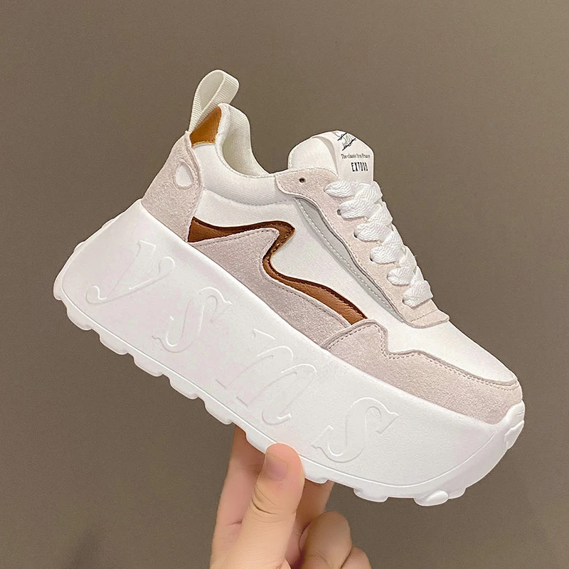 

Spring 8cm Leather Platform Wedge Chunky Sneakers Casual Leisure Women Summer Femals Vulcanize Girl Walking Flats Shoes