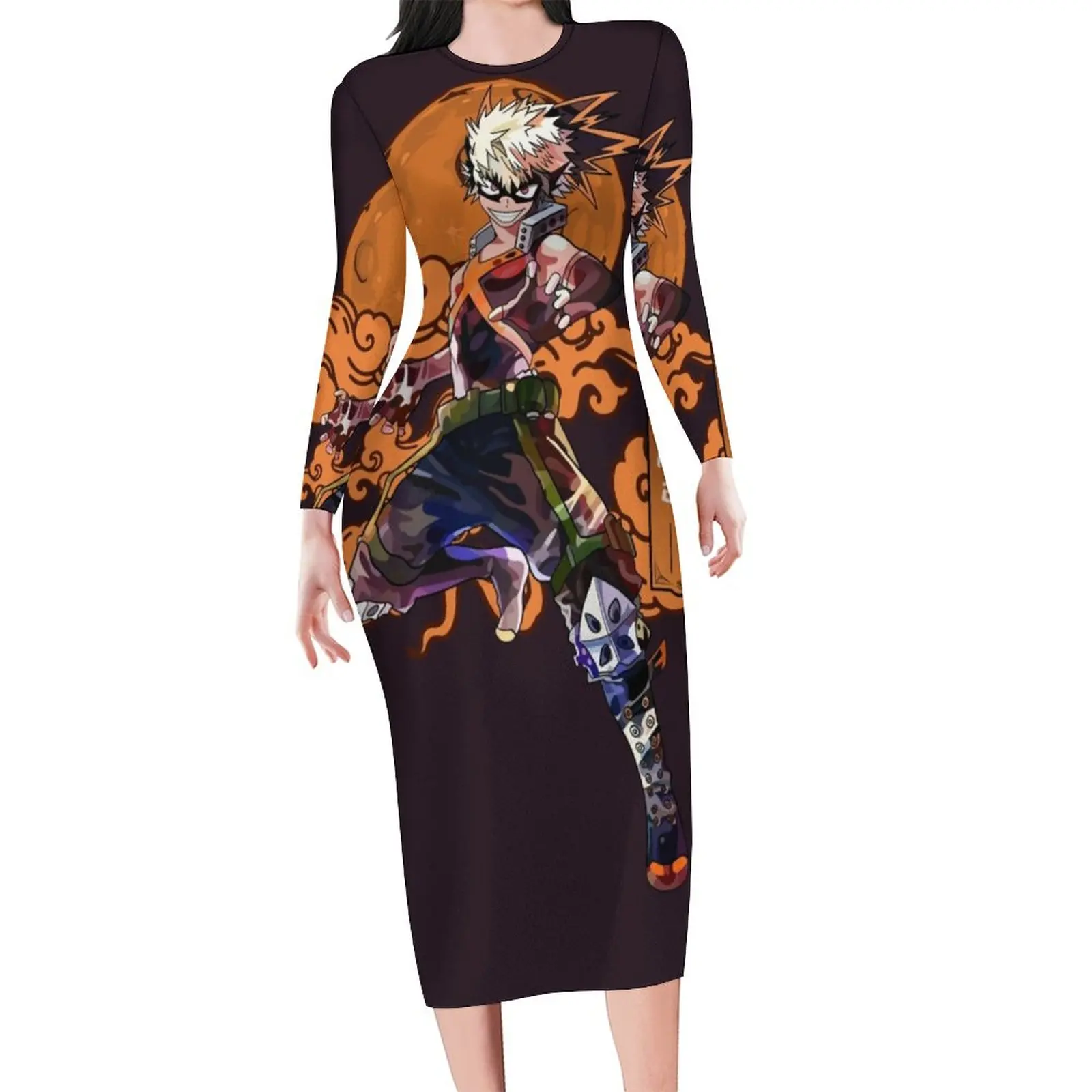 

My Hero Academia Dress Long Sleeve Dynamight Print Street Style Dresses Autumn Night Club Bodycon Dress Female Oversize Vestidos