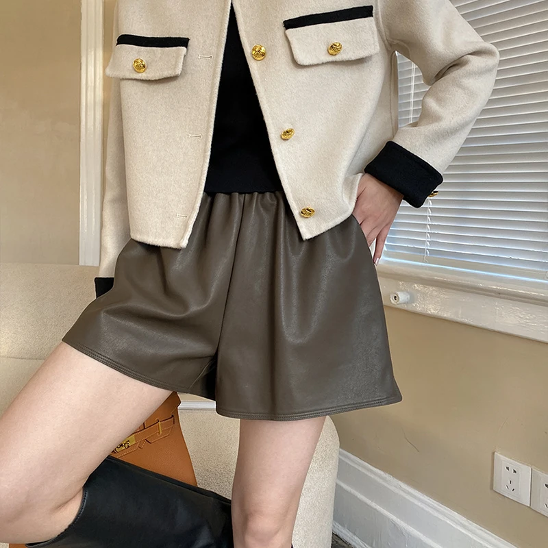 Women Black Casual Pu Leather Wide Leg Shorts New High Waist Loose Fit Trousers Fashion Tide Spring Summer 2023