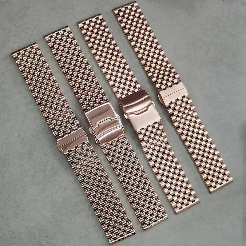 20mm 22mm Stainless Steel Universal Curved Straight End Seven Bead Bead Of Rice Watch Band Strap Bracelet Fit For All Watches