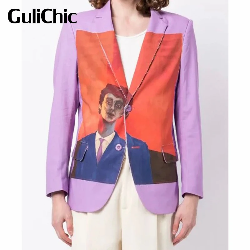 

7.1 GuliChic Women Fashion Contrast Color Cartoon Print Single Breasted Casual Flax Cotton Blazer