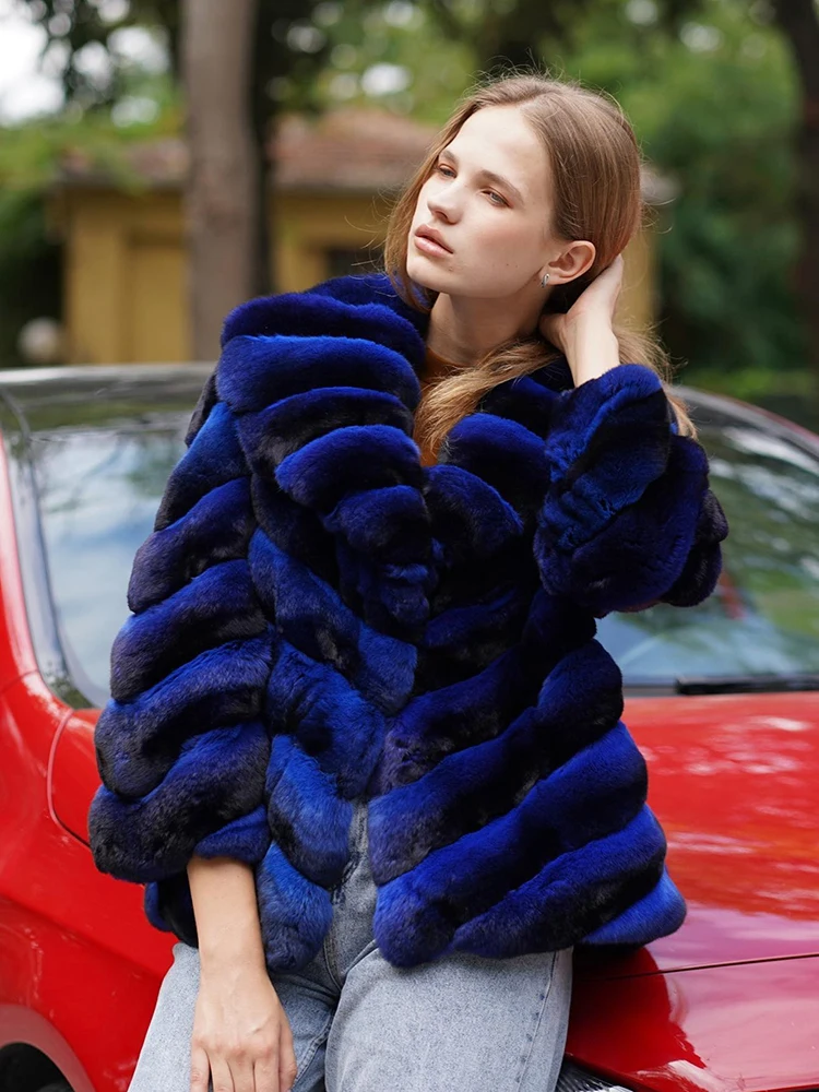 Enlarge Natural Blue Rex Rabbit Fur Coat Women Fashion New Lapel Long Sleeve Outertwear Strip Sewed Casual Real Fur Jacket Female