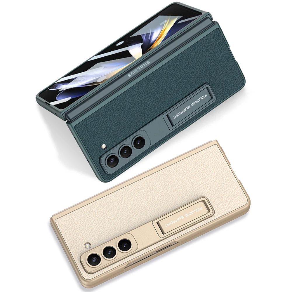 For Samsung Galaxy Z Fold 5 Case Ultra Thin Plain Leather Matte Bracket With Tempered Film Folding Shockproof Protection Cover