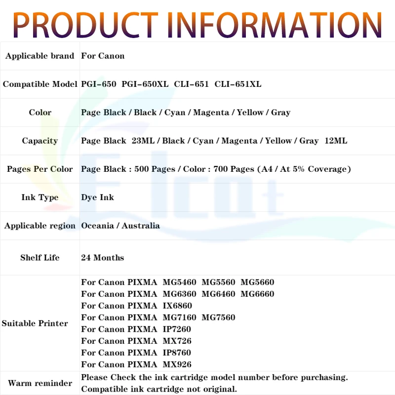 PGI-650 CLI-651 картридж PGI-650XL CLI-651XL для принтера Canon MX926 MX726 Ip7260 Ip8760 MG5460 MG5560 MG5660 MG6460 MG6660 (art.: 3920ceeb7cf13) - 3920ceeb7cf13