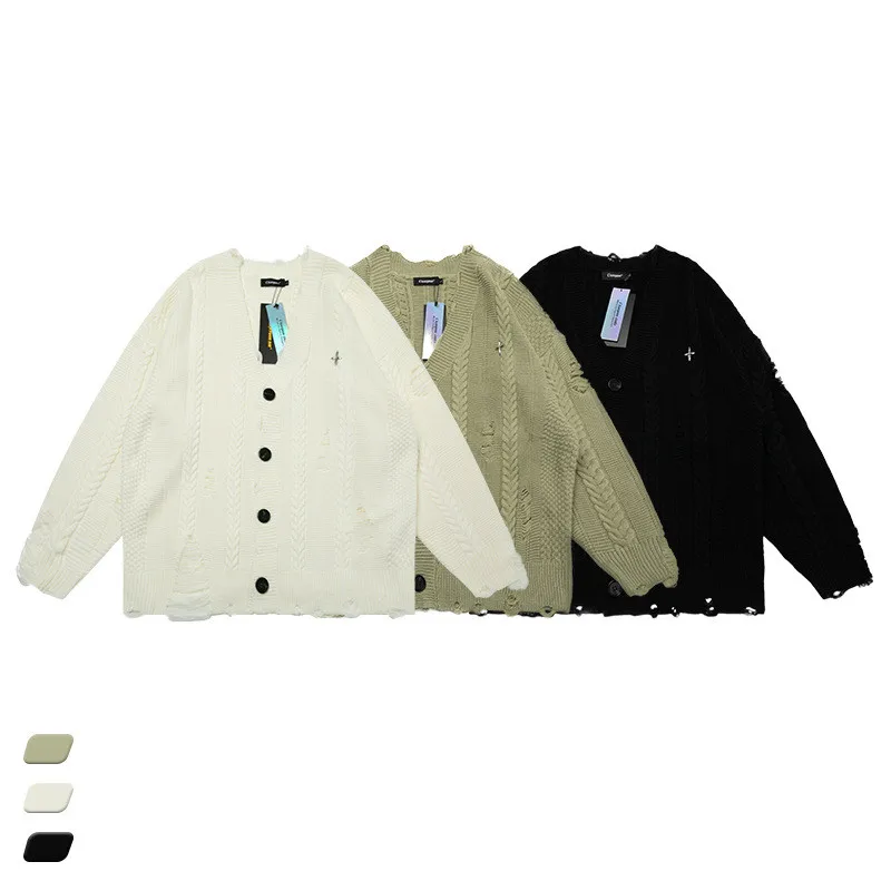 

Vayrich Branded American Vintage Worn-Out Sweater Cardigan Sweatshirts Streetwear Unisex College Outerwear Coats