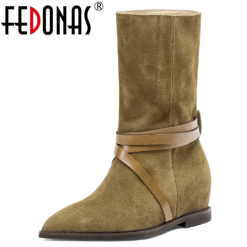 

Женские сапоги до середины икры FEDONAS, Повседневные Вечерние сапоги из телячьей замши, на плоской подошве, Осень-зима 2019