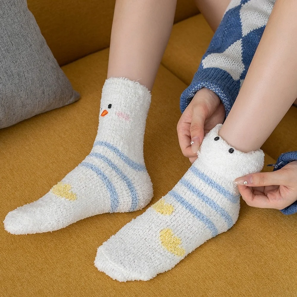 5 Pairs New Winter Cute Duck Warm Coral Fleece Socks Plus Velvet Thickened Cotton Women Socks At Home Soft Sleep Floor Socks