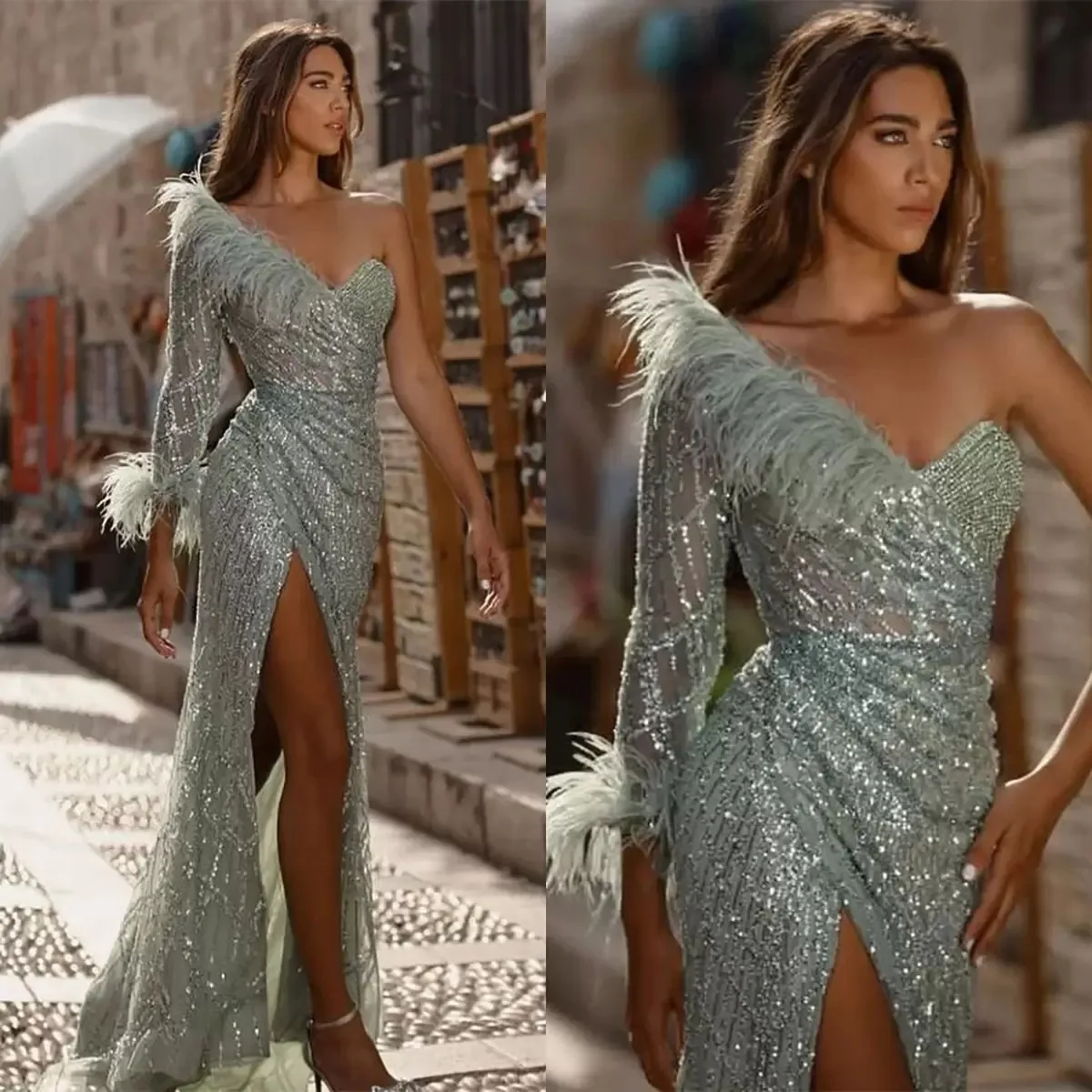 

Sexy Prom Dress One Sleeve Sweetheart Appliques Sequins Shiny Feather Side Slit Evening Party Gown Plus Size Vestido De Novia