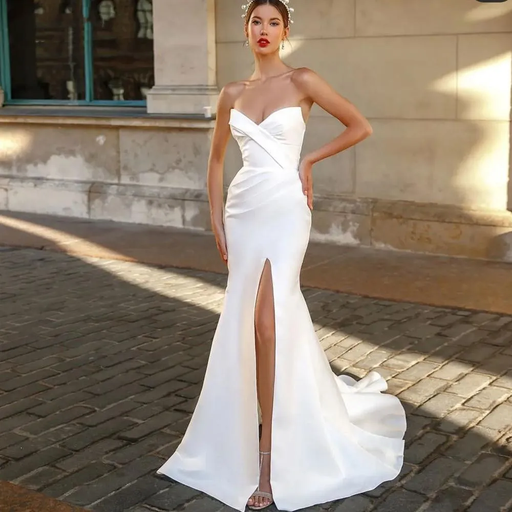 

Vinca Sunny Sexy Sweetheart Mermaid Wedding Dress Sleeveless Backless Side Split Bridal Gown Satin Custom Made Robe De Mariée