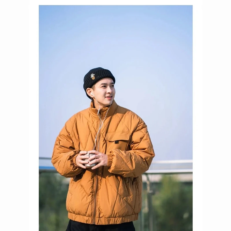 Winter Thickened Cotton Coat Men's Versatile Diamond Vertical Collar Parka American Retro Loose Casual Bread Coat