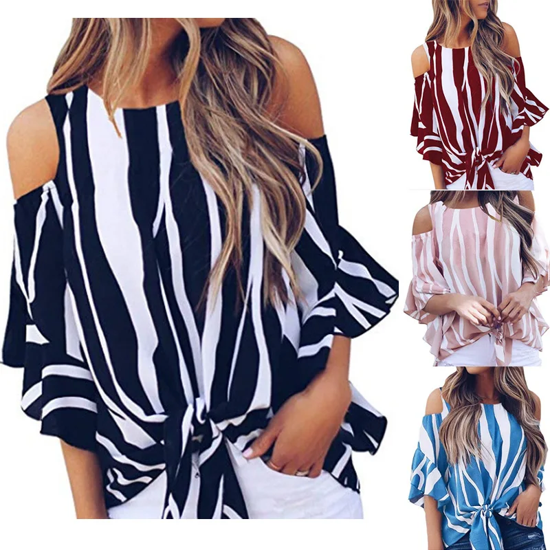 

Sexy Off The Shoulder Top 2022 Summer Women O-Neck Three Quarter Sleeve Black Striped Tshirt Lady Casual Loose Oversized Clothes