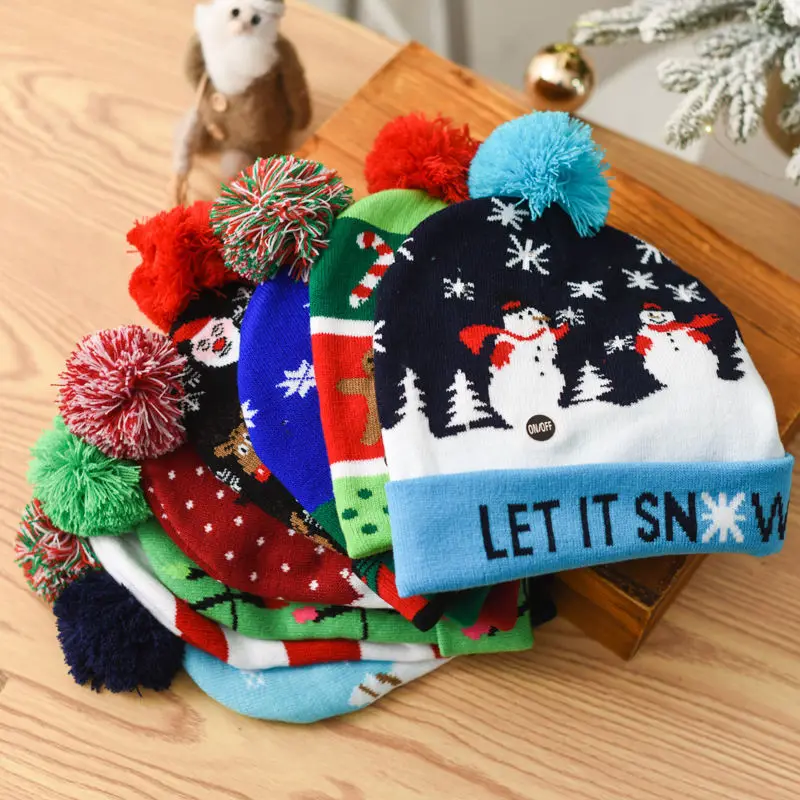 

LED Christmas Knitted Hat Beanie Light Up Illuminate Warm Hat Christmas Tree Snowman Kids Adults New Year Christmas Decor