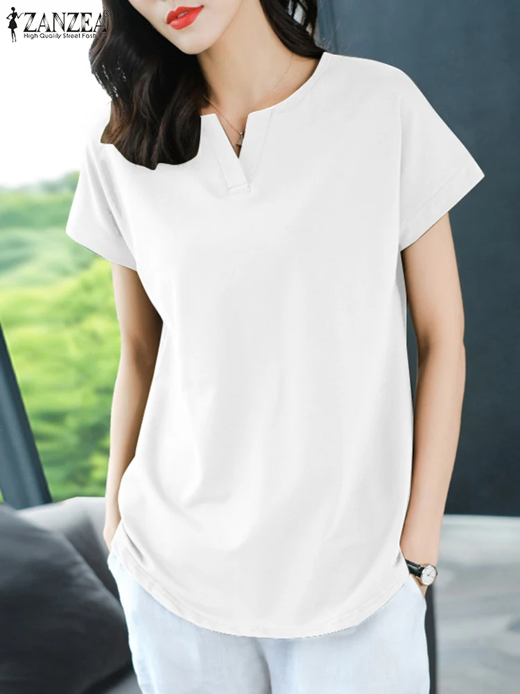 

Модные однотонные топы, женские летние блузки ZANZEA 2022, повседневные блузы с коротким рукавом, Женская туника с V-образным вырезом, рубашки ове...