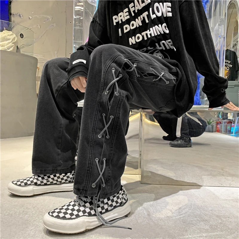 

Джинсы Hybskr с перекрестной лентой мужские мешковатые дизайнерские Брендовые джинсовые брюки Модная Готическая уличная одежда Y2K Корейская одежда мужские брюки