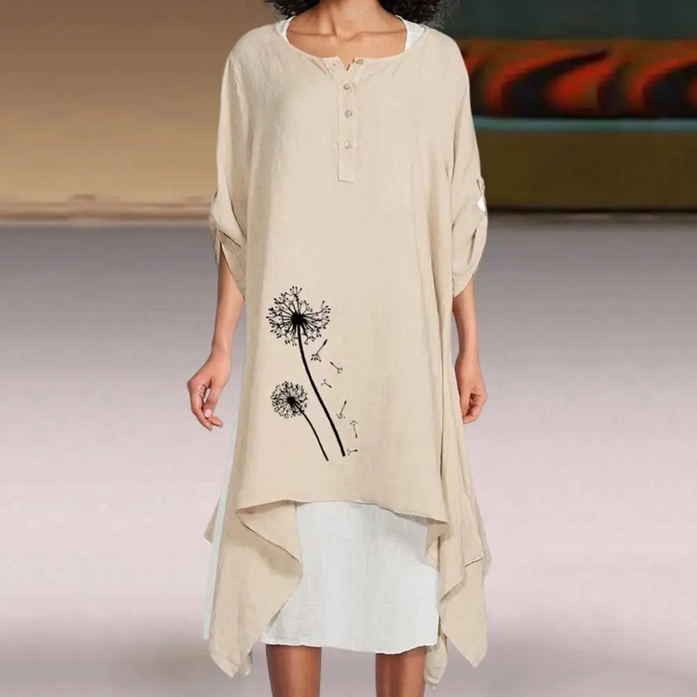 

Женское платье с круглым вырезом, асимметричным подолом и пуговицами