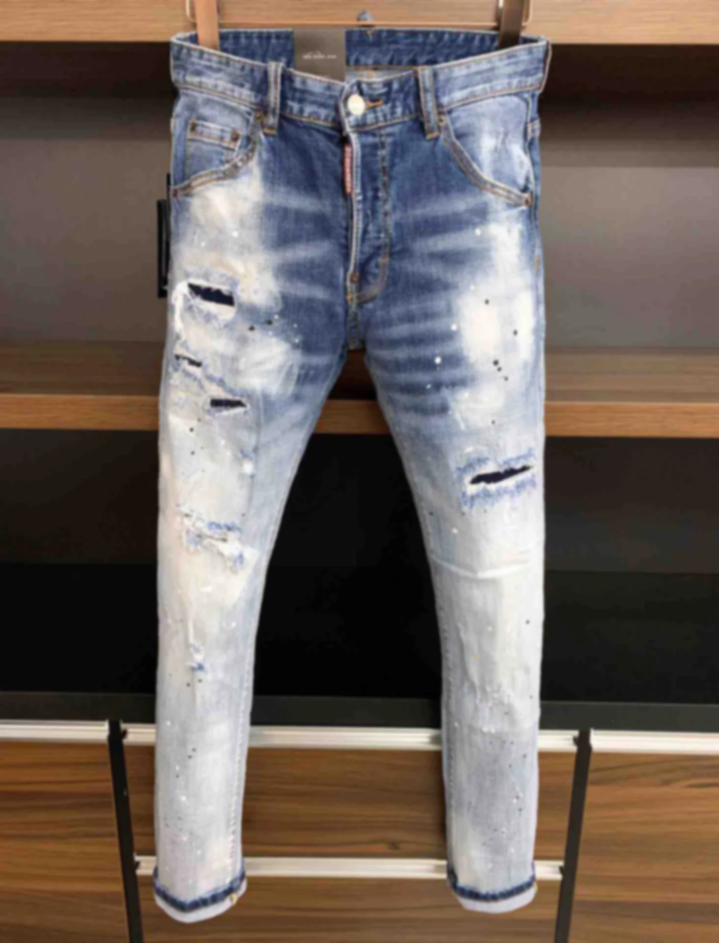 

2023 New Jeans Men's d2 Black Grey Washed Large Face Cropped Patch Slightly Elastic Slim Fit Feet Hot Drill