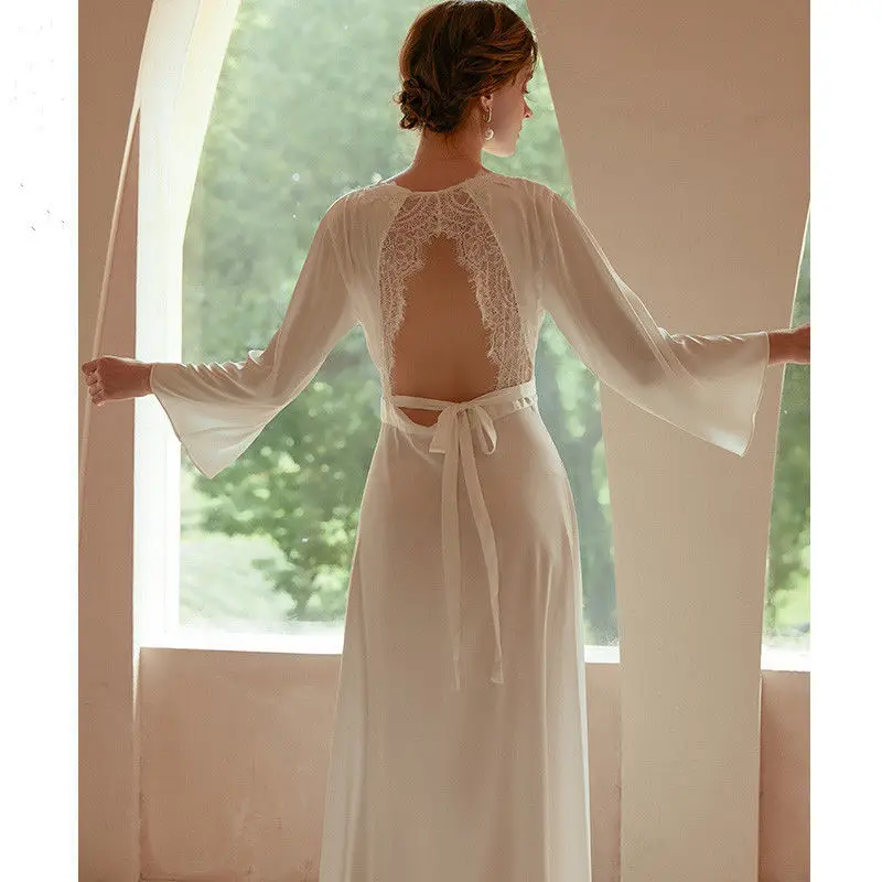 

Nightgown Summer Women Sexy Nightwear Red Spring Elegant Bride Plus Size Robe Vintage Lace Backless Wedding Robe Sets Nightdress