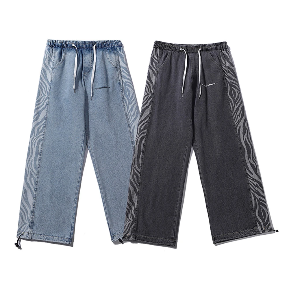 Elastic Waist Jeans Skeleton Baggy Casual Jean Pants Mens Japan Style Streetwear Straight Denim Trousers Male Vintage Blue