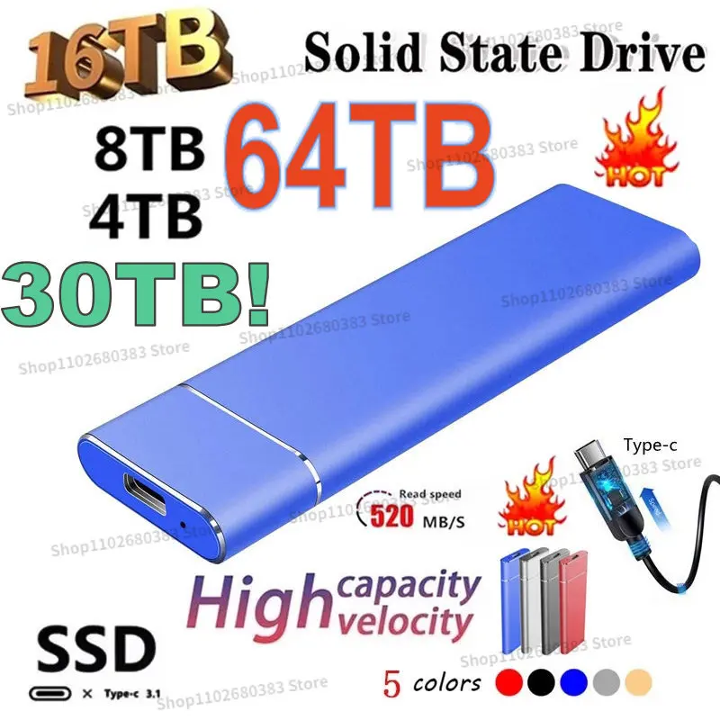 

Portable 128TB SSD Mobile Solid State Drive Capacity 64TB 32TB16TB 8TB Hard Drive Storage Device Computer USB 3.1 Hard Drives